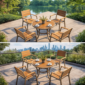 Ensemble <span class=keywords><strong>de</strong></span> salle à manger moderne en WPC pour extérieur, table <span class=keywords><strong>et</strong></span> chaises <span class=keywords><strong>de</strong></span> <span class=keywords><strong>jardin</strong></span> en <span class=keywords><strong>aluminium</strong></span> imperméables, prix d'usine, pour villa, terrasse <span class=keywords><strong>et</strong></span> complexe hôtelier - Product Image 3