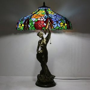 LongHuiJing Newly Handmade Glass Desk <b>Lights</b> Vintage 18Inch Stained Glass Lampshade Tiffany Style Oval Art Flower Stand Lamps - Product Image 1