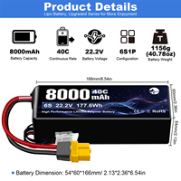 Batterie Lipo RC 6S 22.2V 8000mah 40C, étui souple avec XT60 pour drone FPV, grand stock