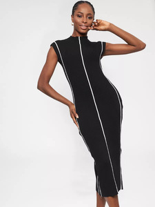 Abito Casual <span class=keywords><strong>lungo</strong></span> <span class=keywords><strong>nero</strong></span> Slim Fit da donna estivo lavorato a maglia in tessuto elasticizzato in vita naturale e lavabile in tinta unita - Product Image 5