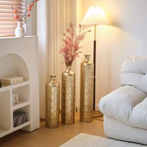 DB Home Decor Juego de 3 jarrones grandes de metal blanco esmaltado Florero de mesa de lujo Elegante piso Decoración de metal - Product Image 1