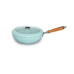 Sartén <span class=keywords><strong>Wok</strong></span> de hierro esmaltado de fondo plano con tapa y mango de madera-<span class=keywords><strong>Universal</strong></span> para inducción, eléctrica, horno, Artesanía no tóxica sin recubrimiento - Product Image 4