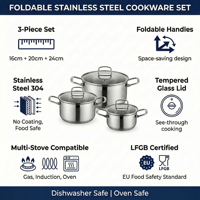 Casserole à soupe en acier inoxydable avec couvercle en verre trempé et construction pliable en métal