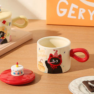 Seaygift kawaii mignon chat ami <span class=keywords><strong>soeur</strong></span> idées cadeau gâteau d'anniversaire tasse en céramique avec couvercle petit déjeuner lait après-midi thé tasse en porcelaine - Product Image 6