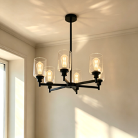 Lustre moderne à 6 lumières, style ferme, cadre en métal noir mat, abat-jour cylindriques en verre transparent, base E26, éclairage pour restaurant et café