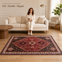 Maßgefertigter Samt-Teppich in Rot und Schwarz mit Persischem Medaillon-Muster, Rutschfester Weicher Bodenteppich für Wohnzimmer, Vintage Orientalischer Blumenteppich