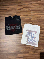 T-shirt à manches courtes tricoté décontracté pour couple, style urbain, imprimé lettres et strass, coupe oversize, qualité supérieure, collection été MIXED EMOTION