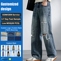 Celana Jeans Denim Grosir Impor Pria Model Straight Regular Fit Knee Loose Wide Leg Ripped Baggy Jeans