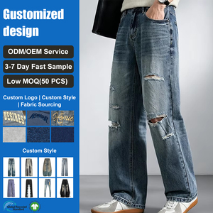 Jeans de mezclilla al por mayor para hombre, corte recto, ajuste regular, holgados hasta la rodilla, pierna ancha, rasgados, estilo baggy - Product Image 1