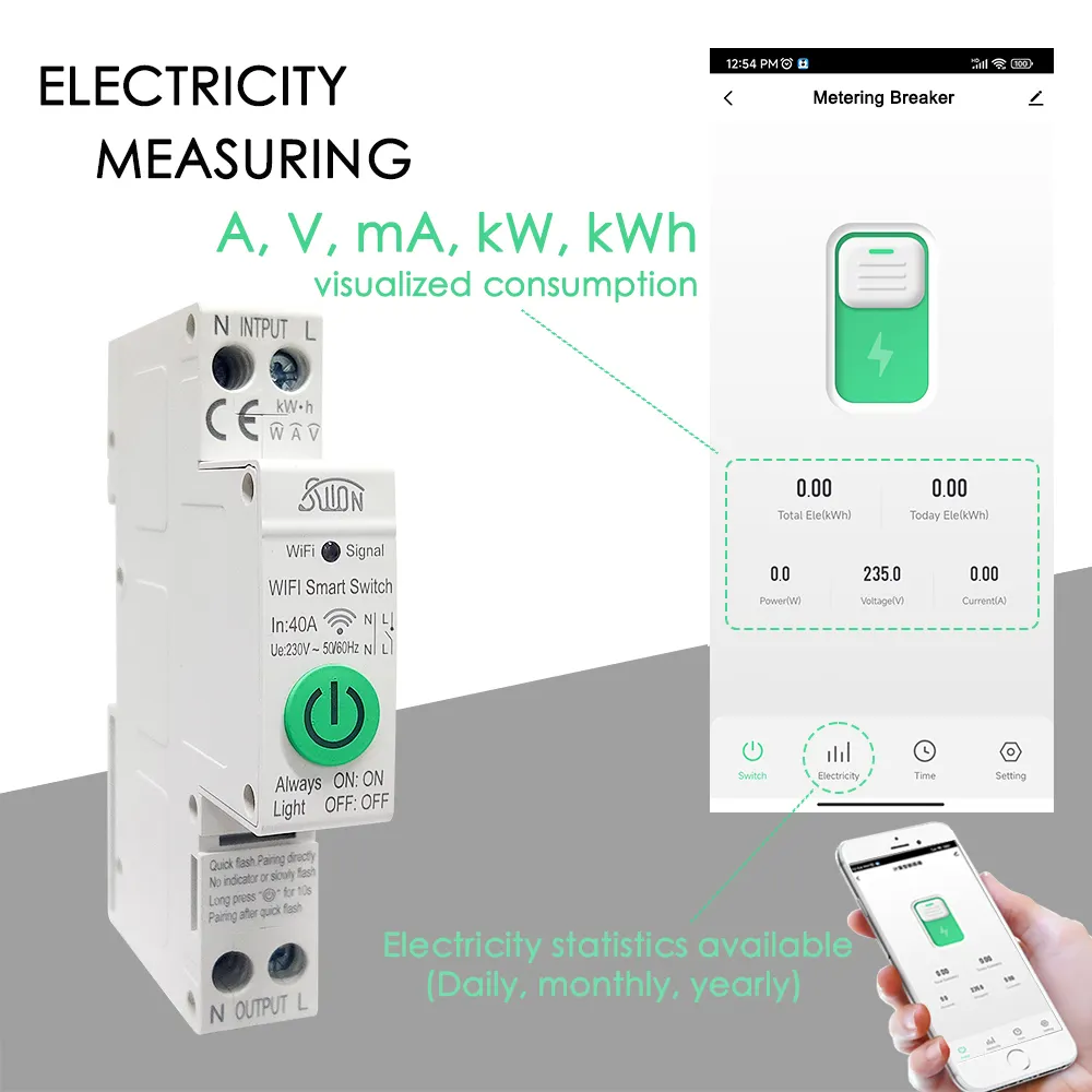 TUYA 1P N WIFIスマートスイッチスマートライフ40AエネルギーメーターKwhメータリングモニタリングサーキットブレーカータイマーリレーMCB