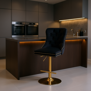 Tabouret de bar en velours capitonné, hauteur réglable de 27 à 35 pouces, base en métal doré, pivotant, mobilier de bar moderne pour la maison - Product Image 2