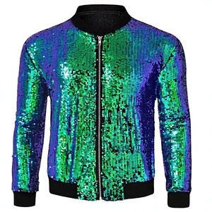 Women's Reverse Work <b>Sequin</b> Bomber <b>Jacket</b> Green Purple Zip Up Casual Party <b>Jacket</b> - Product Image 3