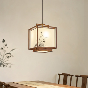 Lustre esthétique de la dynastie Song, nouveau style chinois, peinture à l'encre, orchidée, bois massif, luminaire en tissu pour salon - Product Image 3