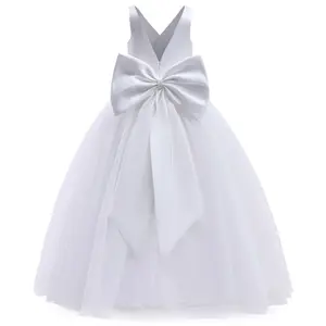 <span class=keywords><strong>Vestido</strong></span> elegante con lazo grande para niñas, <span class=keywords><strong>vestido</strong></span> <span class=keywords><strong>blanco</strong></span> para niña adolescente, ceremonia de primera comunión, bata larga, ropa para niños, vestidos de boda con cuello en V - Product Image 5