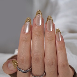Faux ongles en gel souple à marque privée, à presser, vente en gros, luxe, motif doré en relief 3D, forme amande, œil de chat, French manucure, à presser - Product Image 1