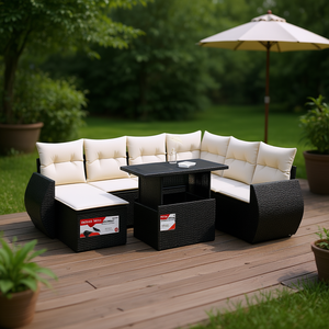 Set Divano da Giardino Nero e Bianco Crema, Mobili da Esterno Moderni in Rattan per 7 Persone - Product Image 2
