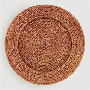 Sous-plats faits à la main pour assiettes à dîner, en rotin tressé avec pompon, ronds, pour la décoration de la maison, style bohème avec franges - Product Image 1