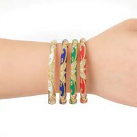 Gelang Bangle Terbuka Enamel Zirkon Lebar 0.6 untuk Wanita, Lapisan Emas 18K, Desain Bunga, Gaya Istana, Mode Cina