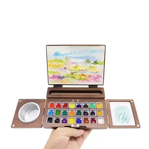 24穴無垢材水彩絵の具塗装ボックス、ポータブル折りたたみ水彩パレット、無垢材水彩絵の具ボード