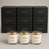 Coffret Cadeau de 3 Bougies en Cire de Soja FTQS – Bougies Parfumées avec Couvercle Doré : Ambre, Santal, Lavande, Bergamote, Bois de Santal, Musc – Vente en Gros OEM