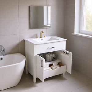 Meuble-lavabo de salle de bain 30 pouces avec vasque en céramique, grand espace de rangement, design moderne sur pied pour petites salles de bain - Product Image 2