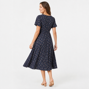Robe midi à imprimé floral, col en V, pour femme, décontractée, coupe trapèze, manches courtes, respirante, en polyester tissé, pour le printemps, à porter au quotidien - Product Image 3