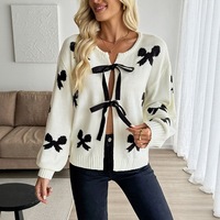 Cardigan en tricot jacquard à nœud pour femme, manches longues, à nouer devant, ample, doux, ouvert, pull décontracté, vêtement d'extérieur en tricot pour femme, automne