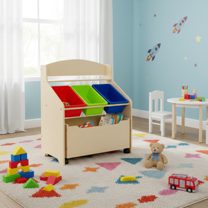 Kids Wooden Toy Chest with Rolling Toy Box & <b>Plastic</b> <b>Bins</b> <b>Storage</b> Organizer for Toys Made in China Model AL1274 - Product Image 5