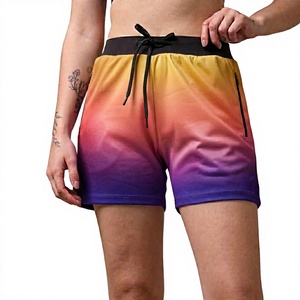 Shorts de sport taille haute dégradé de couleur pour femmes avec poches zippées, séchage rapide, en tissu satiné, pour l'été – Vente en gros - Product Image 3