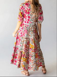 TA 2025 Casual dolce ampio scollo a V barba manica media abito lungo stampato appeso per le donne MN3424 - Product Image 1