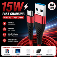 Kabel Nylon Braid Ujung Logam Model Baru 15W USB a ke Tipe C 1m Warna-warni Oem Odm Tembaga Murni dengan Dukungan Pengisian Daya dan Transfer Data