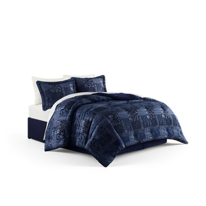 Set Copripiumino Royal King Size Blu Navy Patchwork 4 Pezzi in Poliestere Stile Classico per Arredo Camera da Letto - Product Image 1
