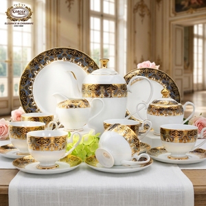 Set di Stoviglie <span class=keywords><strong>in</strong></span> Ceramica Blu Scuro 98 Pezzi, <span class=keywords><strong>Piatti</strong></span> con Fiori, Lussuoso per Feste, Casa, Hotel - Product Image 2