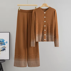 Conjunto de Moda Casual de Dos Piezas para Mujer, Otoño 2025, Nuevo Cárdigan de Punto con Degradado de Cielo Estrellado y Pedrería, Pantalones Anchos - Product Image 1