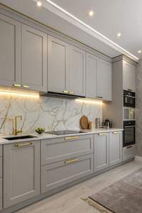 Cuisine contemporaine noire et vert olive avec armoire vitrée illuminée et cave à vin - Product Image 2