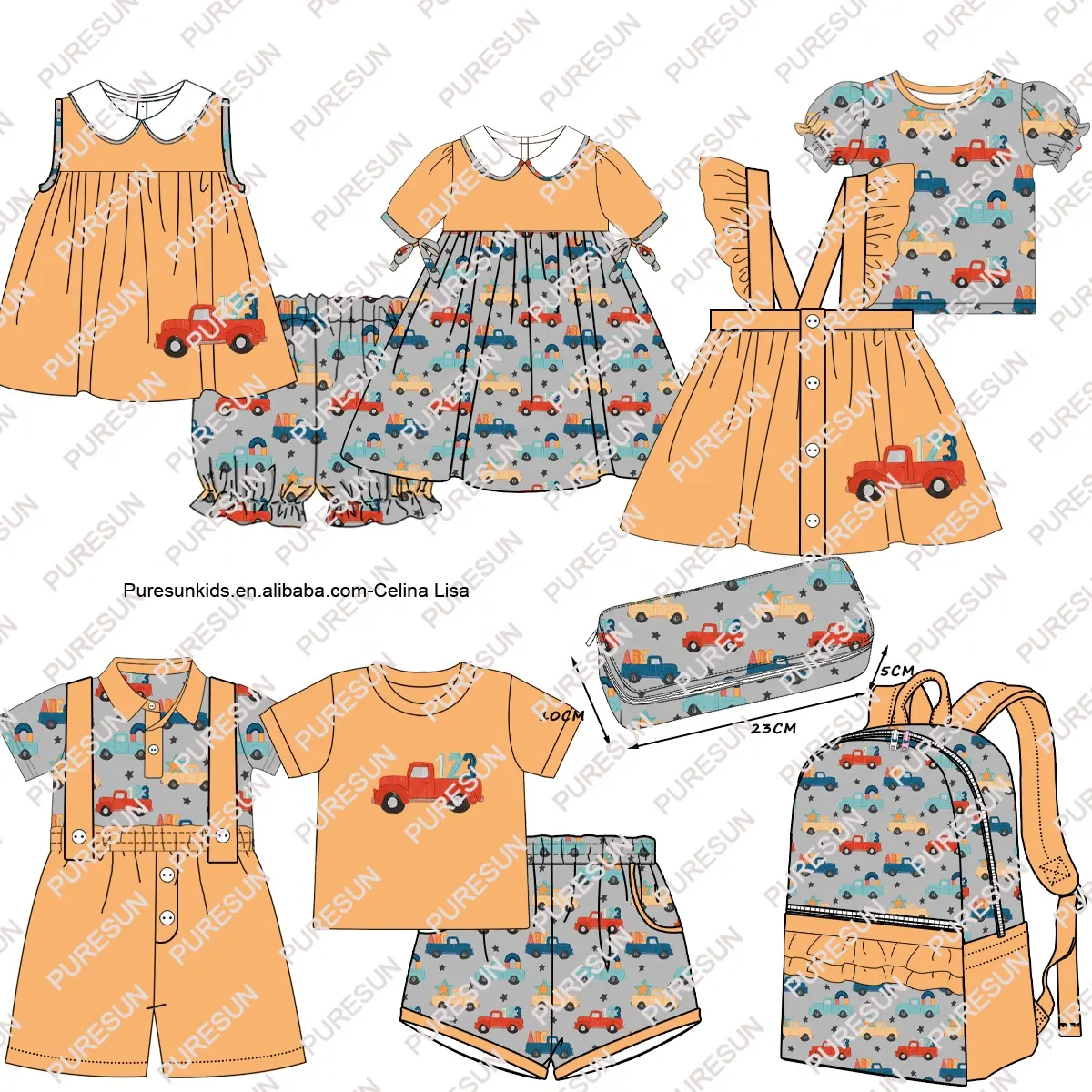 Puresun customized kids clothes back to school print in toile baby girls outfits toddler sibling set