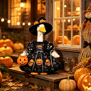 Costume de sorcière pour oie de porche d'Halloween avec imprimé citrouille, vêtements de cosplay pour statue de 23 pouces, décoration de fête de jardin, tenues pour oie de porche - Product Image 4