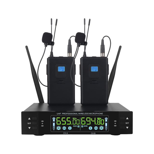 UHF Wireless Lavalier Microphone System Dual Bodypack Headset Mic Adjustable Frequency IR Sync for Conference Stage
