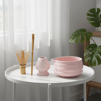 Ensemble de bols à matcha en grès céramique style Japandi, écologique, avec fouet en bambou de haute qualité, couleur rose, très demandé, vente en gros