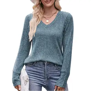 2023 Autumn New Fashion Simple Top Ground Wool Pit Strip V-neck Solid Color Women Comfortable Long Sleeve T-shirt