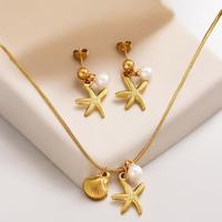 Ensemble de Bijoux Femme : Collier et Boucles d'Oreilles en Acier Inoxydable, Pendentif Étoile de Mer, Coquillage et Perle