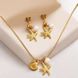 עגילי שרשרת לנשים נירוסטה כוכב ים מעטפת פנינה סט תכשיטים - Product Image 4