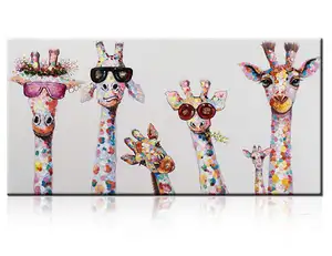 Stretched Canvas Large Size Family Painting Giraffe With Sunglasses Ready to Hang in Child Living Room