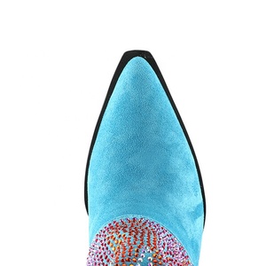 Bottines longues douces en suède avec superposition de petits diamants, bottes hautes pour femmes, bleu, talon épais, grande taille 45 - Product Image 6
