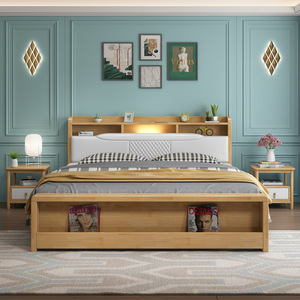 Nordic Solid Wood Bed 1.5m 1.8m Storage High Box Bed With Lighted Headboard Modern Minimalist Japanese Style Bedroom Furniture - Product Image 1