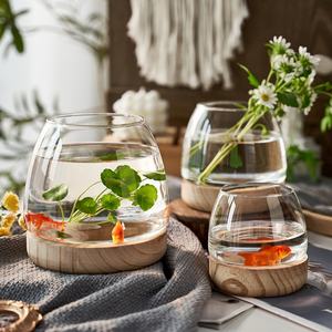 Modern Clear <b>Glass</b> <b>Fish</b> <b>Bowl</b> Hydroponic Plant Eco-friendly Vase With Wood Base Hydroponic Tabletop Terrarium - Product Image 1
