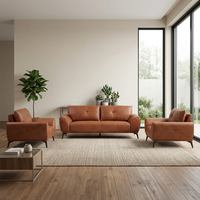 Ensemble de canapés en cuir marron moderne, canapé trois places et fauteuils minimalistes pour la décoration contemporaine de la maison, du bureau et du salon