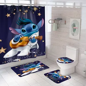 Custom Print 100 Polyester Waterproof Christmas Stitch Cute Anime Tv Characters Kids Bathroom Rug Mat Shower Curtain Set 4 Pcs