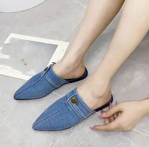 cy11003a Wholesale Boutique Trendy Denim Jean Women Ladies High Fashion Flat Slippers Pointy Shoes