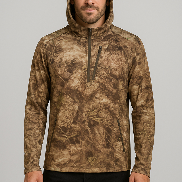 Men's Merino Wool Hunting Hoodie Camouflage Base Layer, Windproof Synthetic Blend, Athletic Fit For Cold Weather Outdoor Sports